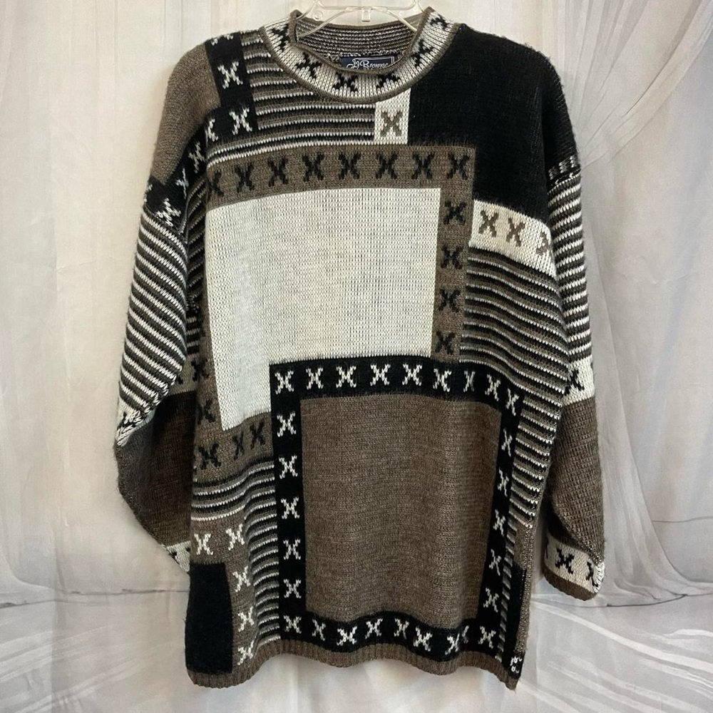 Y2K Women's Medium Geometric Black Brown Sweater Slouchy Oversized 90s Grandpa